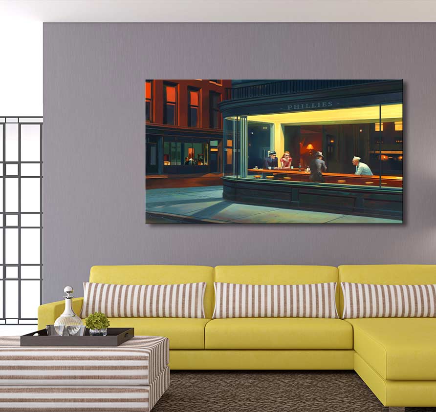 Edward Hopper signature - Phillies: Handgeschilderd olieverfschilderij van een eenzaam café, geïnspireerd op 'Nighthawks'. Geschilderd op zuurvrij canvas, zonder lijst nodig.