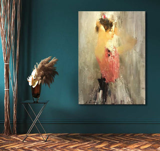 Nikolai Blokhin's Ballerina painting depicts a woman in motion, captured with broad strokes. It's displayed in a stylish interior with minimalist decor.