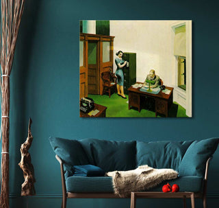 Edward Hopper-inspired painting, Office at Night, featuring two people in a vintage office setting. Hand-painted, ready-to-hang, UV-protected oil on canvas.