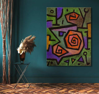 Paul Klee's Heroic Roses, a vibrant abstract painting with cubist roses, hangs in a teal-painted corner, paired with a metal table and bronze vase.