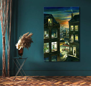 Phil Lockwood's 'Edward Hopper House' painting features a dusk cityscape with two buildings, warm-lit windows revealing evening routines, enhancing modern art lovers' spaces.