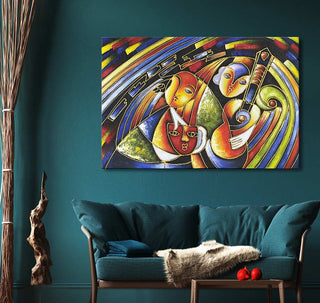 Handgeschilderd schilderij Avond met Muziek - Pablo Picasso, abstracte gezichten met gitaar op doek, gespannen op houten frame, klaar om op te hangen.