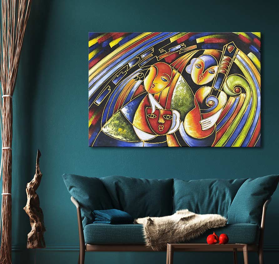 Handgeschilderd schilderij Avond met Muziek - Pablo Picasso, abstracte gezichten met gitaar op doek, gespannen op houten frame, klaar om op te hangen.