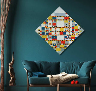 Piet Mondriaan's 'Victory Boogie Woogie' painting above a teal sofa, featuring primary colors and cubist style, perfect for modern art enthusiasts.