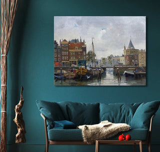 Willem Alexander Knip's Oude Haven, Rotterdam painting in a living room setting, showcasing a classic European canal scene. Ideal for romantic art enthusiasts.