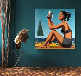 Kenton Nelson - Reading Woman: A vibrant pop art canvas showing a woman in a swimsuit reading on the beach, featuring a retro style and UV-protected vivid colors.