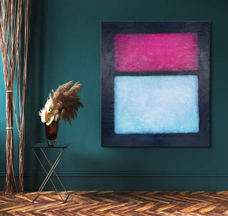 Rothko signature - Compositie 3: Abstract painting with magenta-rose and sky-blue blocks. Displayed in a modern interior with a black side table and vase.