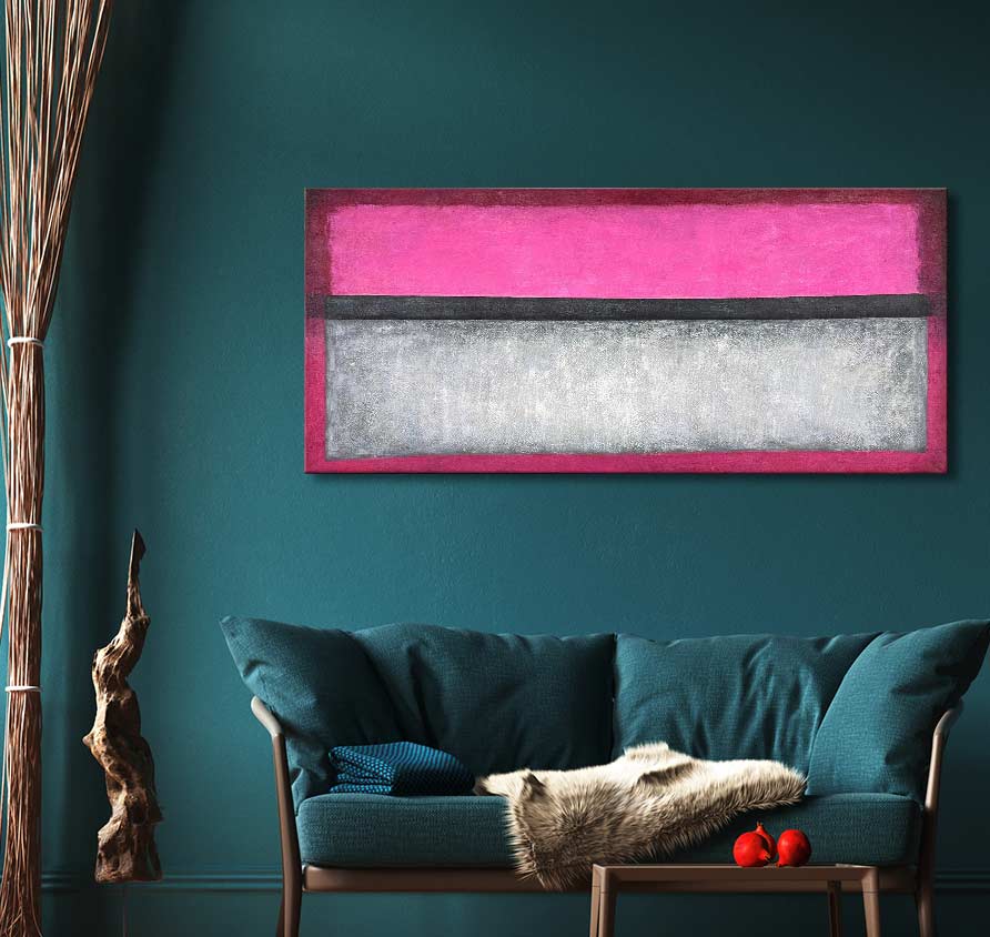 Rothko - Compositie 4: Abstract painting with bright pink and silvery-grey bands, displayed above a teal sofa in a modern living room setting.