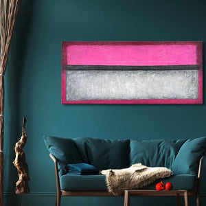 Rothko - Compositie 4: Abstract painting with bright pink and silvery-grey bands, displayed above a teal sofa in a modern living room setting.