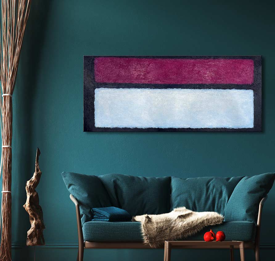 Teal sofa with magenta and white Rothko - Compositie 5 painting above. Includes hanging system, UV-protection, no frame needed. Perfect for contemporary interiors.