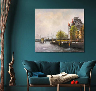 Siem Schaeffer's Het witte huis in Rotterdam oil painting, depicting a riverside scene with bridge and boats, adorns a teal living room vignette.