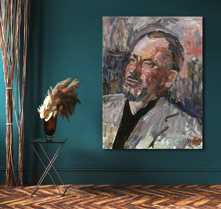 Martiros Saryan's 'Steinbeck' portrait, impasto style on teal wall, features a bearded man. Accompanied by a metal-frame table with dried grasses.
