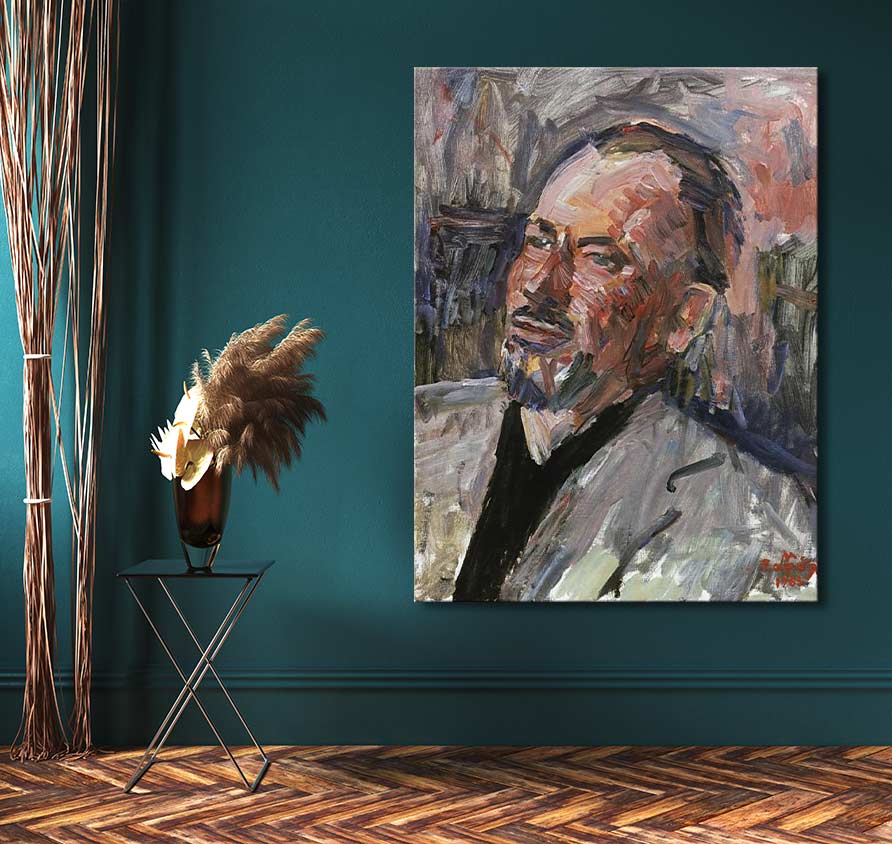 Martiros Saryan's 'Steinbeck' portrait, impasto style on teal wall, features a bearded man. Accompanied by a metal-frame table with dried grasses.