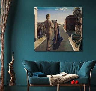Paul Delvaux's The Encounter: Surrealist painting with nude figures on a street. Oil on canvas, ready to hang, ideal for modern art lovers.