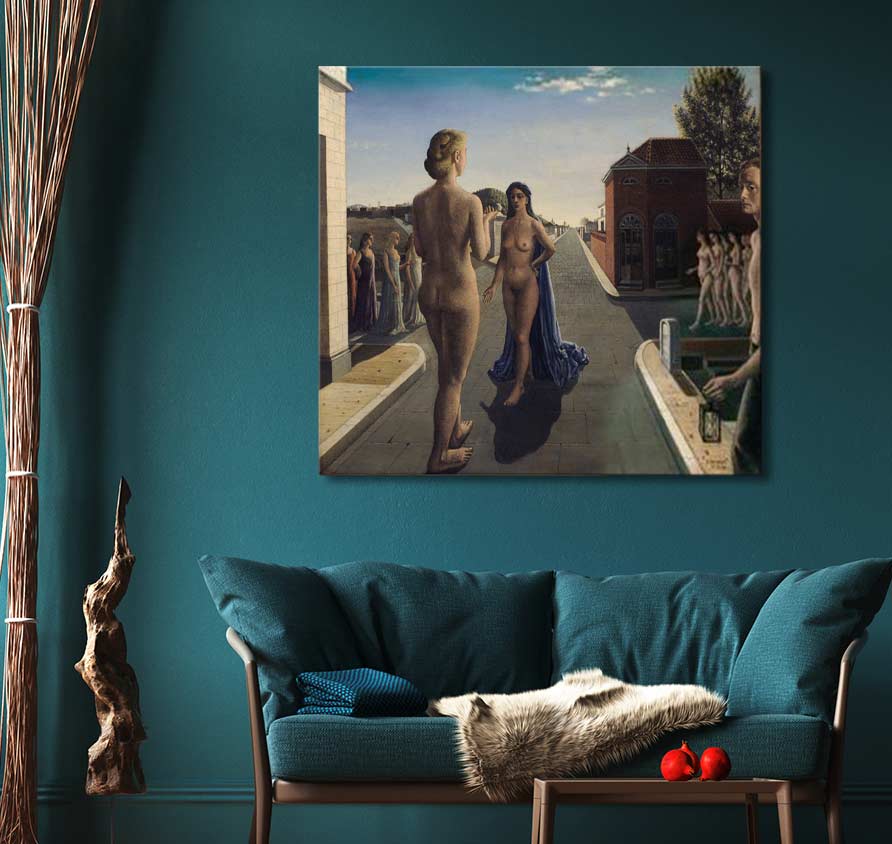 Paul Delvaux's The Encounter: Surrealist painting with nude figures on a street. Oil on canvas, ready to hang, ideal for modern art lovers.