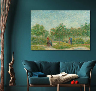 Vincent van Gogh's 'Tuin met Geliefden' oil painting, featuring a sunlit garden with strolling figures, elegantly displayed above a modern teal sofa in a styled living room.