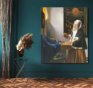 Olieverfschilderij Jonge Vrouw met Weegschaal van Johannes Vermeer, gespannen op houten frame, klaar om op te hangen in woonkamer of galerie.