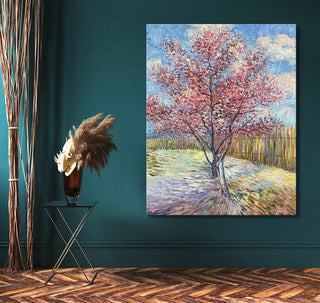 Van Gogh's 'Souvenir de Mauve' painting on deep teal wall, alongside black side table with vase of pampas grass; ideal for modern art enthusiasts.