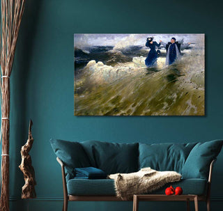 Ilja Jefimovitsj Repin's What a Freedom! oil painting showcases two figures wading in waves, blending realism and symbolism. Ideal for art enthusiasts.