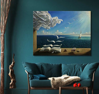 Salvador Dali - Golven: Surrealist seascape painting with pages turning to birds over ocean. Ideal for interior design, hand-painted on museum-quality canvas.