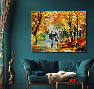 Leonid Afremov - You and Me painting features two figures walking in an autumn park. Impressionistic style on canvas, ideal for modern interiors.