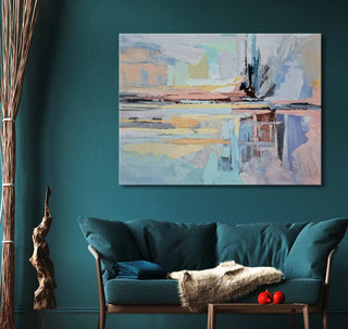 Abstract Pureness oil painting on teal wall in modern lounge, featuring abstract pastels. Styled with teal sofa, wooden table, and natural accents. Ready to hang.