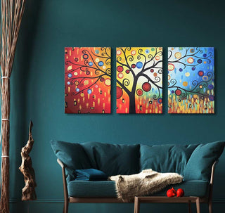 3-Luik Appelboom - Olieverf op Canvas: Abstracte boom met kleurrijke orbs op warm-tot-koele achtergrond, perfect voor natuur geïnspireerde kunstliefhebbers. Geschilderd op museumkwaliteit canvas.