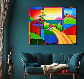 Alexandria Winslow - Cubist Landscape: A vibrant, hand-painted artwork depicting geometric landscapes, perfect for modern interiors. Displayed above a teal sofa with accent décor.