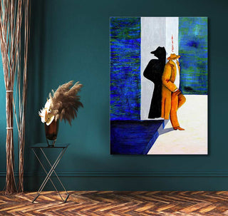 DB Waterman's De Alleen Man painting features a stylish figure in mustard-orange, set against bold blue and white bands, perfect for modern art enthusiasts.