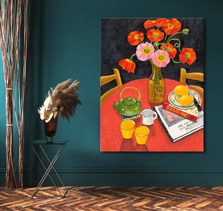 Agustin’s 'Basquiat' painting: a vivid still-life with poppies, teapot, lemons, and art books. Hand-painted, oil on canvas, ready to hang.