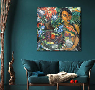 Irma Stern - Still life with African Woman; vibrant oil painting featuring an African woman and fruit, perfect for modern interiors. Includes hanging system, UV-protected.