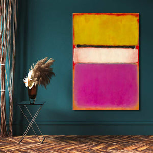 Rothko - Compositie 2: Abstract oil painting on teal wall, featuring mustard, off-white, and magenta bands. Displayed in an elegant modern room setting.