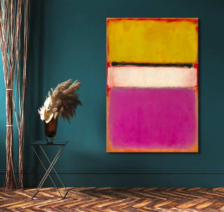 Rothko - Compositie 2: Abstract oil painting on teal wall, featuring mustard, off-white, and magenta bands. Displayed in an elegant modern room setting.