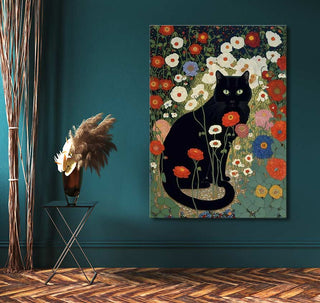 Gustav Klimt's Garden Cat features a black cat amidst vibrant flowers; hand-painted with modern palette knife technique, perfect for expressive art lovers.