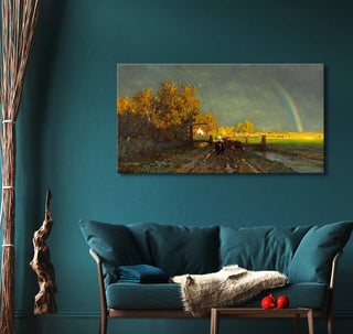 Willem Roelofs' 'De Regenboog' (120x65cm), an impressionist landscape oil painting with cows and rainbow, adorns a teal living-room wall above a cozy sofa.