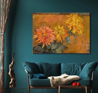 Piet Mondriaan - Drie Chrysanten: A hand-painted oil on canvas depicting three chrysanthemums, showcased in a modern living room setting with complementary decor elements.