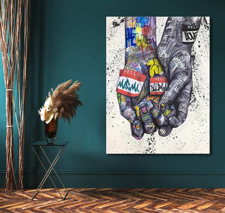 Farewell - Olieverf schilderij op canvas: Two hands clasped, adorned with vibrant graffiti and name tags, embodying pop art style, against a teal wall in a modern setting.