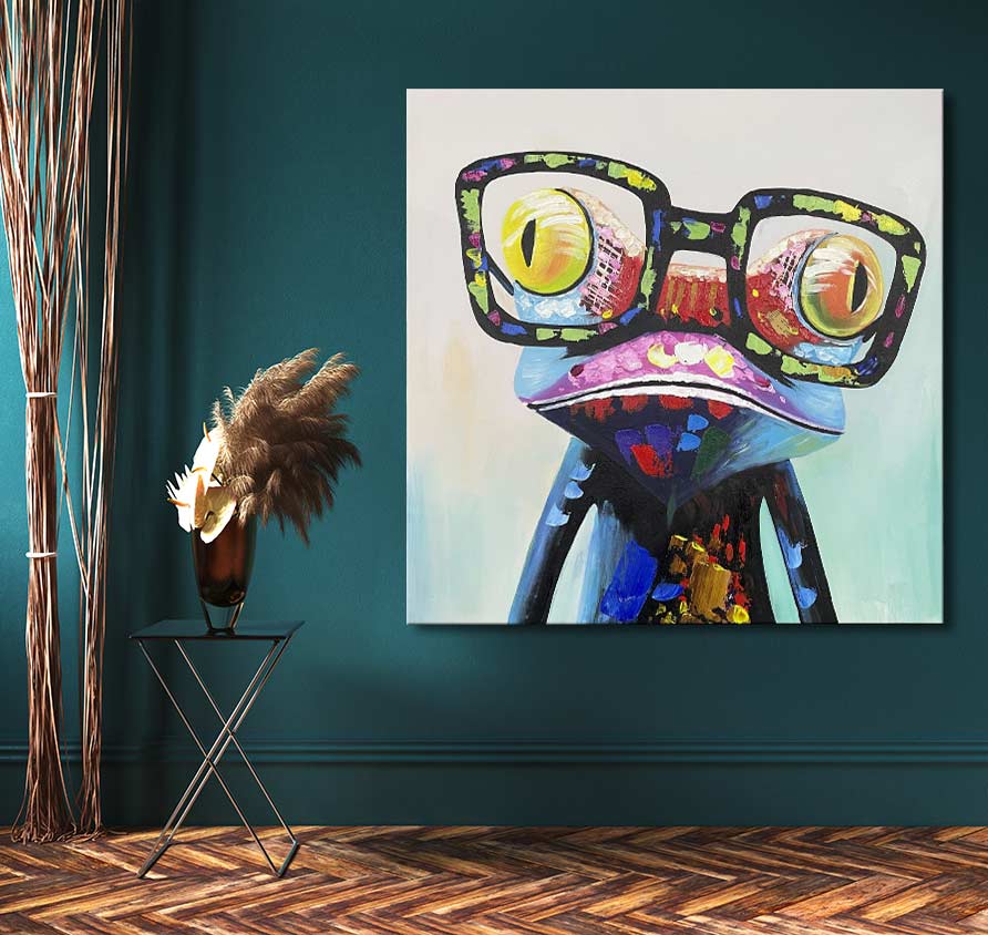 Olieverfschilderij ‘Wise Frog’ toont een gestileerde kikker met grote bril. Opgespannen op houten frame, klaar om op te hangen. Perfect voor kunstliefhebbers.