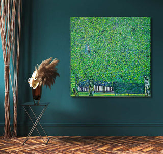 Gustav Klimt's Park painting in a modern interior with dried branches and pampas grass on a black table, showcasing expressive, pointillist tree imagery.