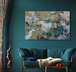 Two-seater sofa under 'Day Dreams' abstract oil painting, teal and earth tones, styled with cushion, faux-fur throw, and decorative elements.