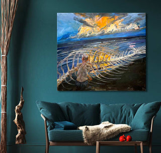 Man bij Aangespoelde Potvis - Olieverf op canvas: A shirtless figure examines a whale skeleton on a beach, set against a dramatic sunset seascape.