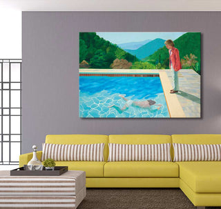David Hockney - Pool with Two Figures: A hand-painted oil artwork depicting two men by a pool, stretched on a wood frame, ready to hang.