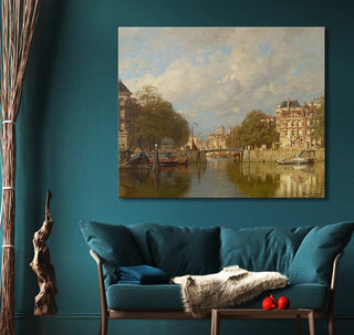 Oil painting Karel Klinkenberg - Nabij Leuvehaven, Rotterdam depicting a canal scene with boats and classic buildings, framed and ready to hang.