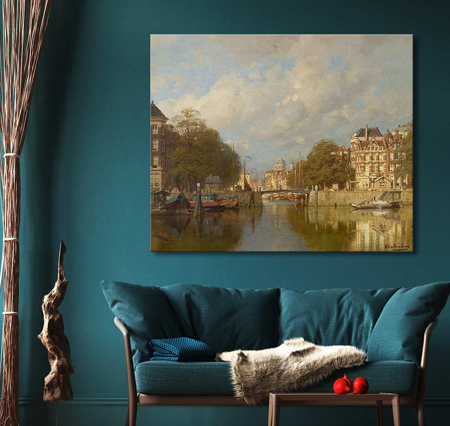Oil painting Karel Klinkenberg - Nabij Leuvehaven, Rotterdam depicting a canal scene with boats and classic buildings, framed and ready to hang.