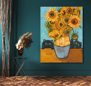 Two black cats peek from behind sunflowers in a hand-painted oil canvas, Twaalf Zonnebloemen en Twee Katten, inspired by Van Gogh, ideal for modern art lovers.