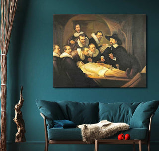 Rembrandt van Rijn – La Conferenza Anatomi: Groep mannen rond een kadaver. Handgeschilderd olieverfschilderij, barokke complexiteit, ideale aanvulling voor modern interieur. 