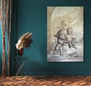 Abraham van Strij's Three Angels hand-painted oil artwork depicting cherubic children in a classical scene, ideal for art enthusiasts and interior design.