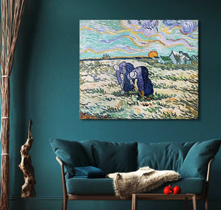 Vincent van Gogh's 'Twee Boerinnen' impressionist-style canvas featuring two field workers. Ideal for modern art lovers, ready to hang with UV protection.