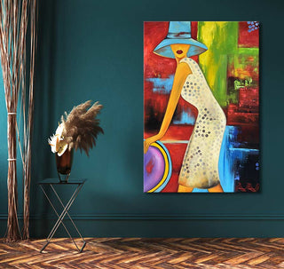Vrouw met Hoed - Olieverf op canvas: Impressionistic painting of a woman in a polka-dot dress and hat, perfect for modern art enthusiasts, ready to hang.