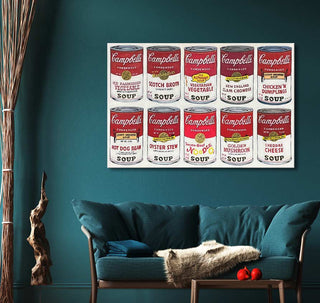 Andy Warhol signature - Campbell’s Soup 10 (100x75cm) displayed in a mid-century modern living room, featuring 12 iconic soup cans in pop art style.